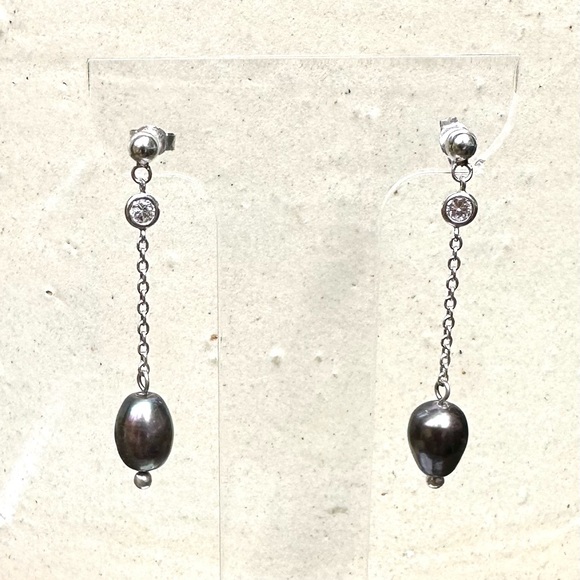 Charles Winston Sterling Silver CZ Drop Dangle Pearl Earrings NWOT - Picture 1 of 16